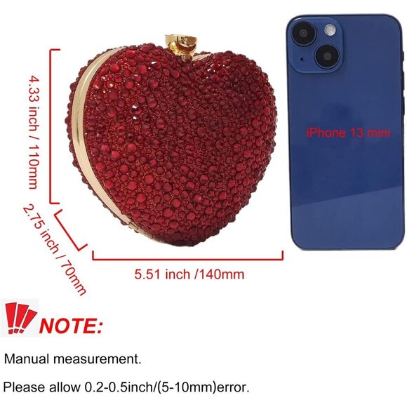 🆕Women Red Rhinestone Heart Shape Mini Clutch Purse Wedding Handbag Party Bag - Picture 5 of 7